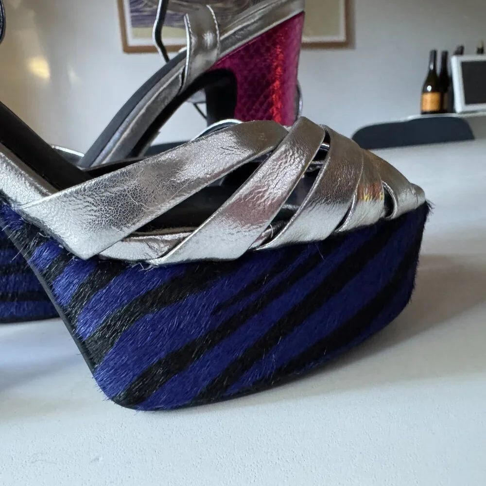 Jeffrey Campbell Rockin' Out Ankle Strap Platform Sandal Blue Zebra Calf Hair